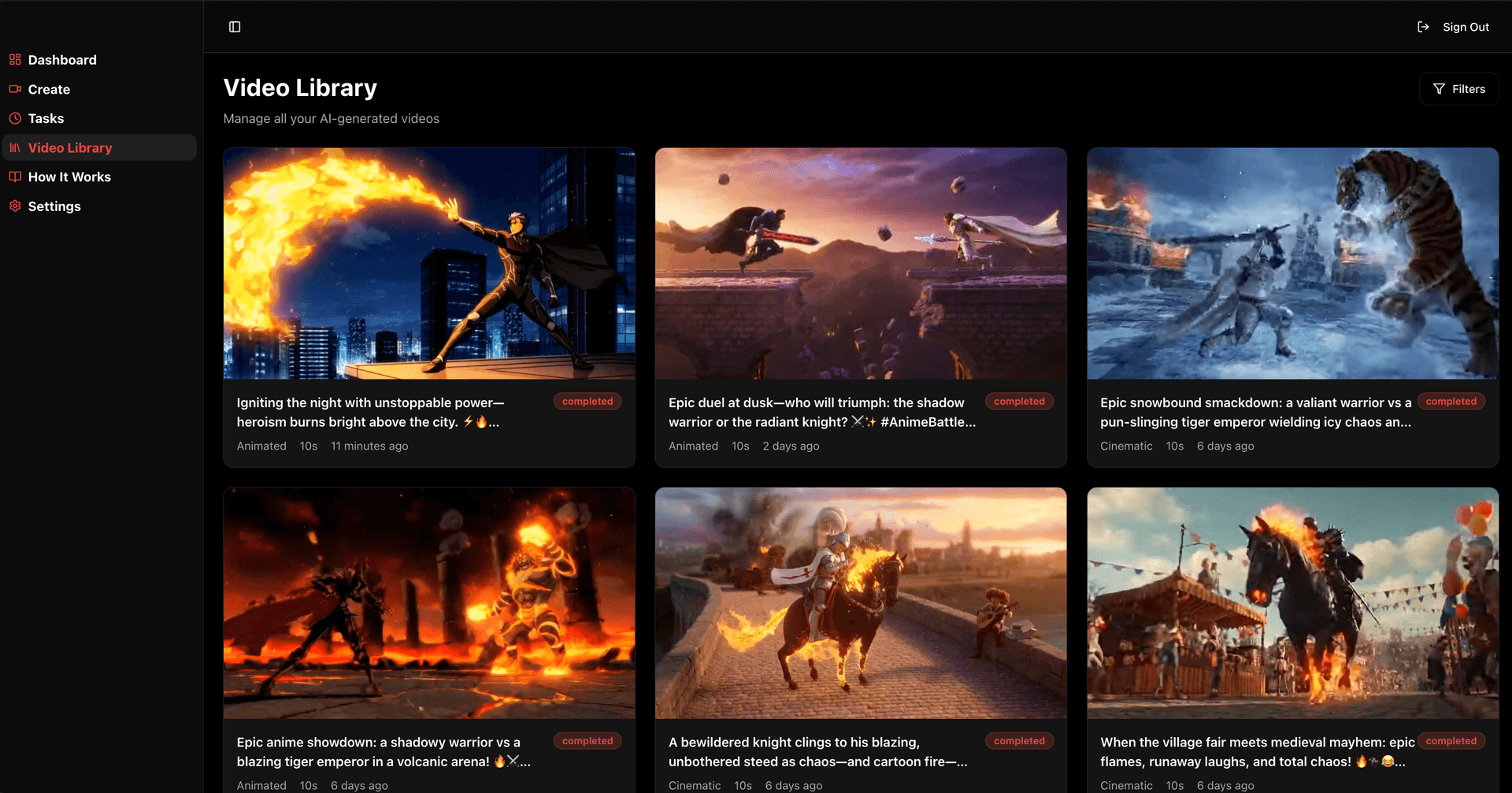 AI Video Generation Video Library Screen